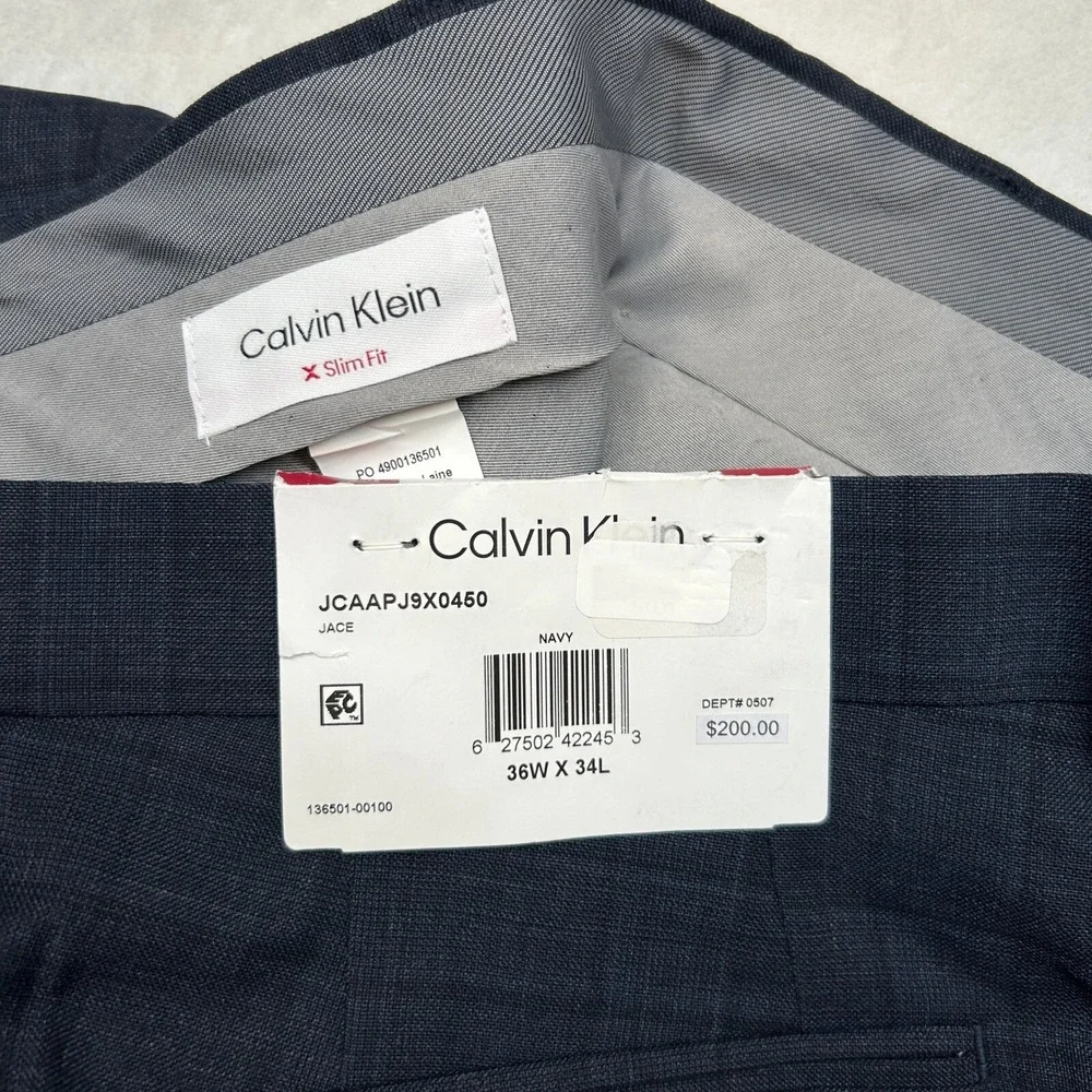 Calvin Klein Slim Fit Dress Pants‎ Mens 36x34 Navy Blue Plaid Stretch Wool NEW